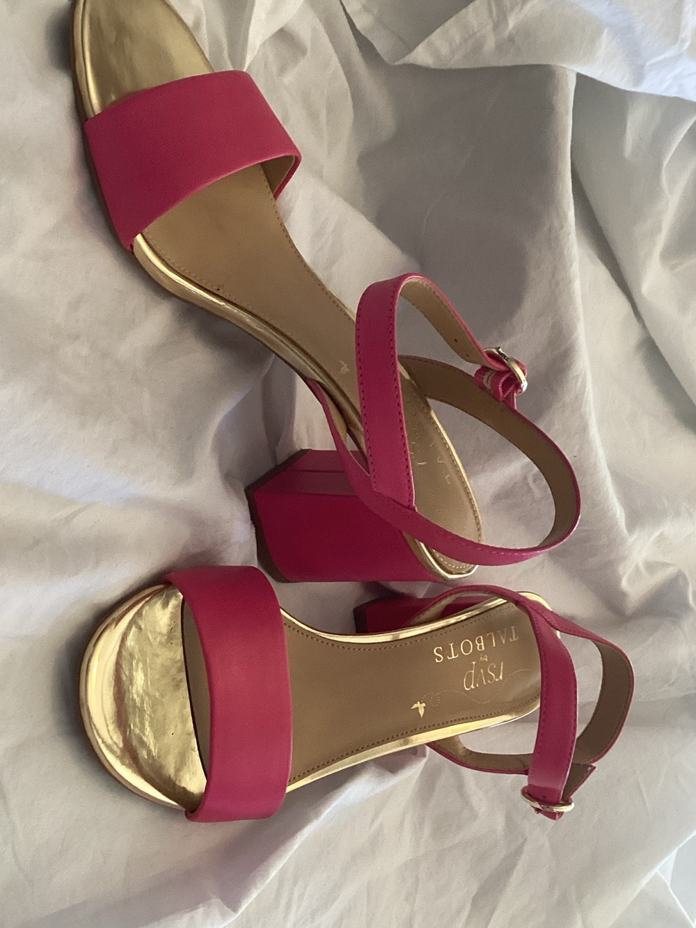 Talbots Hot Pink Block Heel Sandals with Gold Footbed